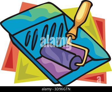 An illustration of a paint roller with a purple roller, yellow handle in a cartoon style Stock Vector