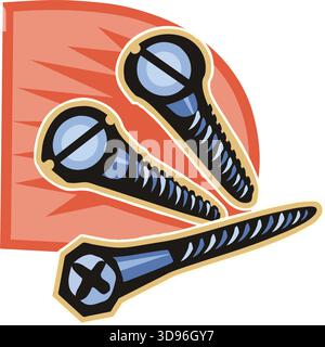 An illustration of three screws with blue bodies and different heads slotted, Phillips, and hex in a cartoon style Stock Vector