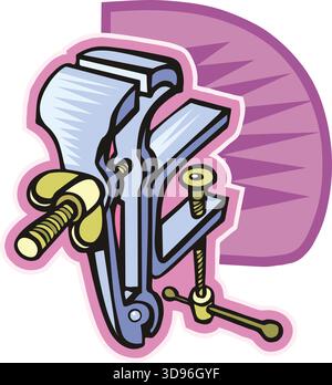 An illustration of a bench vise with a blue body and yellow handles in a cartoon style Stock Vector