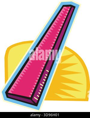An illustration of a ruler with a pink body and blue handle in a cartoon style Stock Vector