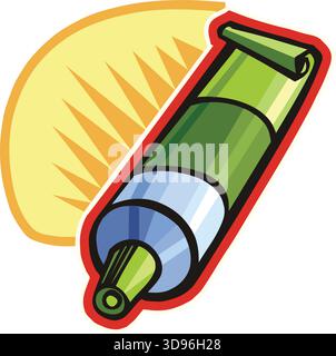 An illustration of a glue tube with a green body, blue middle section in a cartoon style Stock Vector