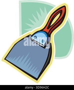 An illustration of a paint scraper with a red handle and blue blade in a cartoon style Stock Vector