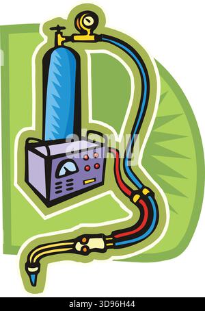 An illustration of a welding torch setup with a blue tank, purple welding machine in a cartoon style Stock Vector
