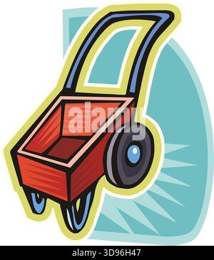 An illustration of a wheelbarrow with a red body and blue wheel in a cartoon style Stock Vector