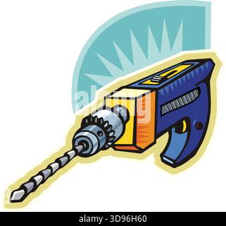 An illustration of a power drill with a blue handle, yellow body, and gray drill bit in a cartoon style Stock Vector
