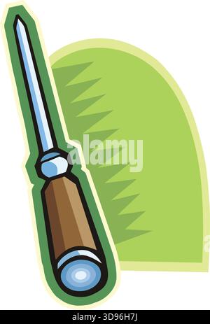 An illustration of a flathead screwdriver with a brown handle and blue shaft in a cartoon style Stock Vector