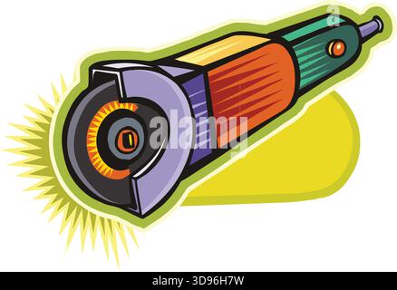 An illustration of an angle grinder with a green handle, orange body, and gray blade in a cartoon style Stock Vector