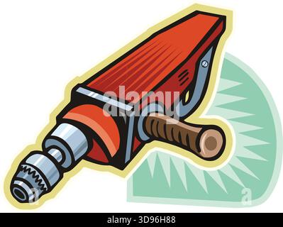 An illustration of a hammer drill with a red body and gray drill bit in a cartoon style Stock Vector