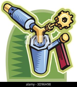 An illustration of a torch tool with a blue body, gear, and handle in a cartoon style Stock Vector