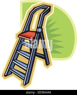 An illustration of a step ladder with a blue frame and red top step in a cartoon style Stock Vector