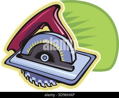 An illustration of a circular saw with a red handle and gray blade in a cartoon style Stock Vector