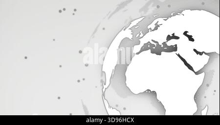 Showing stylized globe displaying Europe North Africa and Mideast on right, with halftone nodes Stock Photo