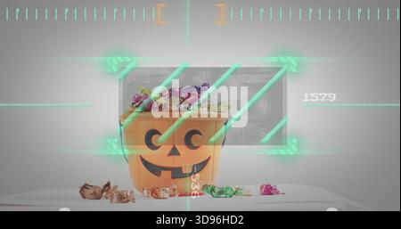 Displaying orange jack o lantern bucket spilling foil candies on white cloth, wall panel, neon-HUD Stock Photo