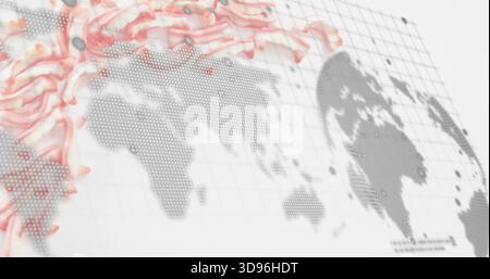 Displaying dotted world map and globe occupying center on white grid, with red-pink ribbons Stock Photo