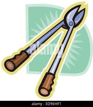 An illustration of pruning shears with blue blades and brown handles in a cartoon style Stock Vector