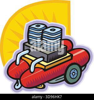 An illustration of a spray compressor with a red body and blue blades in a cartoon style Stock Vector