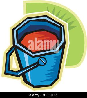 An illustration of a paint can with a blue body and red paint inside in a cartoon style Stock Vector