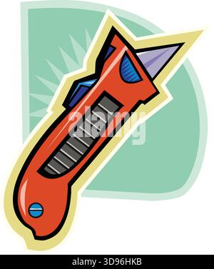 An illustration of a utility knife with a red handle and blue blade in a cartoon style Stock Vector