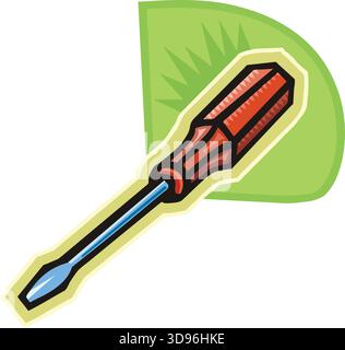 An illustration of a flathead screwdriver with a red handle and blue shaft in a cartoon style Stock Vector