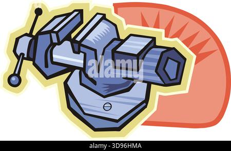 An illustration of a bench vise with a blue body in a cartoon style Stock Vector