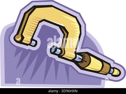 An illustration of a C-clamp with a yellow body and brown handle in a cartoon style Stock Vector