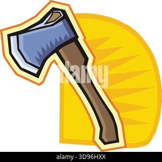 An illustration of an axe with a blue blade and wooden handle in a cartoon style Stock Vector