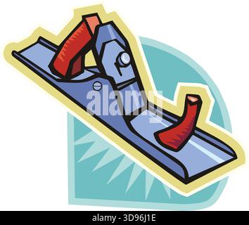 An illustration of a hand plane with a blue body and red handles in a cartoon style Stock Vector