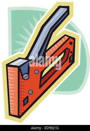 An illustration of a staple gun with a red body and metallic handle in a cartoon style Stock Vector