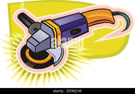 An illustration of an angle grinder with an orange handle and purple body Stock Vector