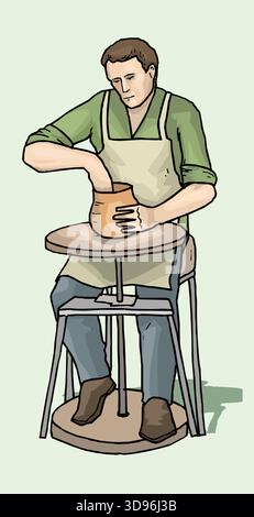 An illustration of a potter wearing an apron, shaping a clay pot on a pottery wheel Stock Vector
