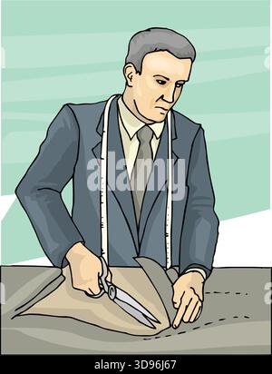 An illustration of a tailor in a suit using scissors to cut fabric on a table Stock Vector