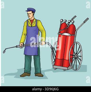 An illustration of a worker wearing a cap and apron, holding a welding torch, with a cart containing red gas cylinders Stock Vector