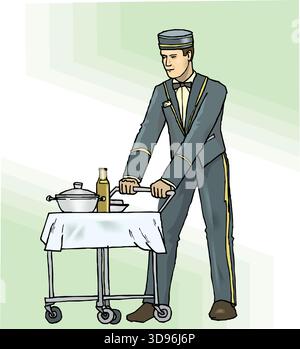 An illustration of a Bellboy in a uniform with a cap, pushing a room service cart with a covered dish and a bottle Stock Vector