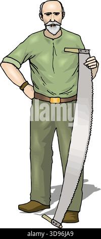 An illustration of a carpenter in a green outfit, holding a large two-handled saw Stock Vector