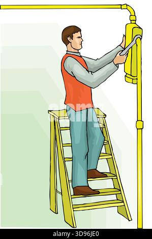 a plumber standing on a ladder while using a wrench to fix a yellow pipe Stock Vector