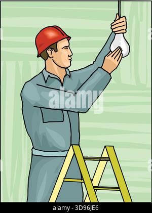 an electrician in a blue uniform and red hard hat, standing on a ladder while installing a light bulb Stock Vector