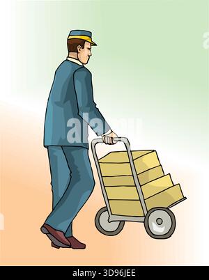 a delivery worker in a blue uniform and cap, pushing a cart loaded with stacked packages Stock Vector