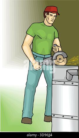 An abstract vector illustration shows of a Worker Using Angle Grinder in a cartoon style Stock Vector