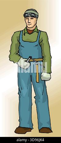 a welder wearing a protective gloves, and a welding helmet, holding a welding torch Stock Vector