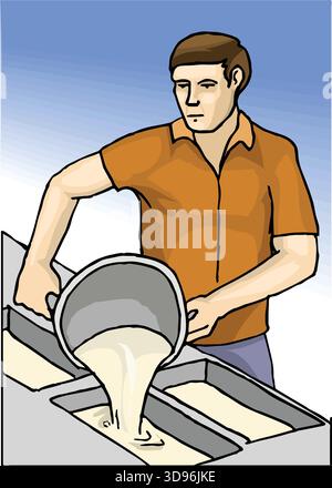An abstract vector illustration shows of a Worker Mixing Concrete in a cartoon style Stock Vector