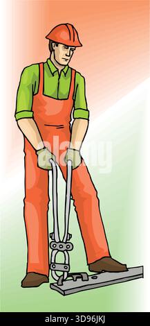 illustration of a construction worker holding lifting gear attached to a metal beam Stock Vector