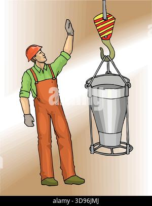 illustration of a construction worker guiding a crane hook with a metal container Stock Vector