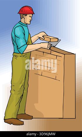 illustration of a bricklayer in a hard hat , laying bricks with a trowel Stock Vector