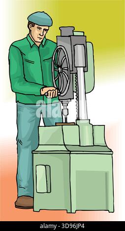 An abstract vector illustration shows of a Worker Operating a Drill Press in a cartoon style Stock Vector