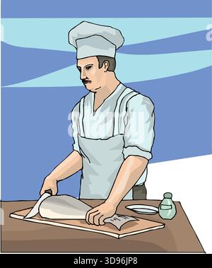 illustration of a chef is slicing a fish on a cutting board with a bottle nearby Stock Vector