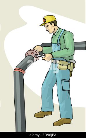 illustration of a plumber is using a wrench to fix a large pipe Stock Vector