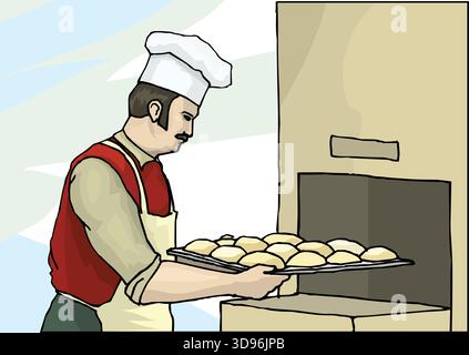 illustration of a baker in a chef's hat , placing a tray of dough rolls into an oven Stock Vector