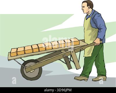 illustration of a worker is pushing a wheelbarrow loaded with stacks of bricks Stock Vector