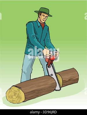 illustration of a lumberjack using a chainsaw to cut a log Stock Vector