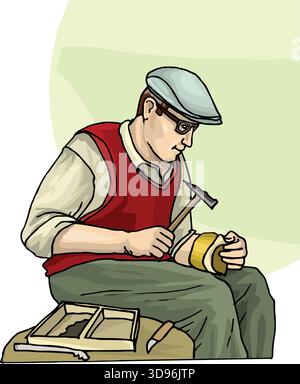illustration of a craftsman meticulously is working with a hammer and chisel on a stone block Stock Vector